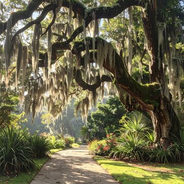 A serene garden pathway under a lush tree with hanging moss