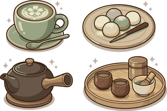 Traditional Japanese Matcha Tea Set with Mochi and Teapot
