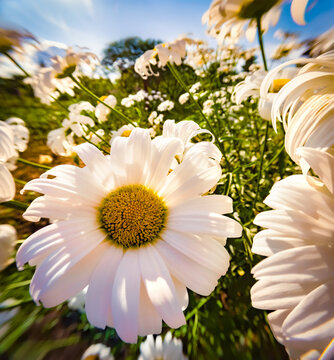 Blooming of chamomile flowers on blue sky background in botanical garden. Asteraceae family plants - Daisies, Dox-eye, Common daisy, Dog daisy, Moon daisy. Anamorphic macro photography.