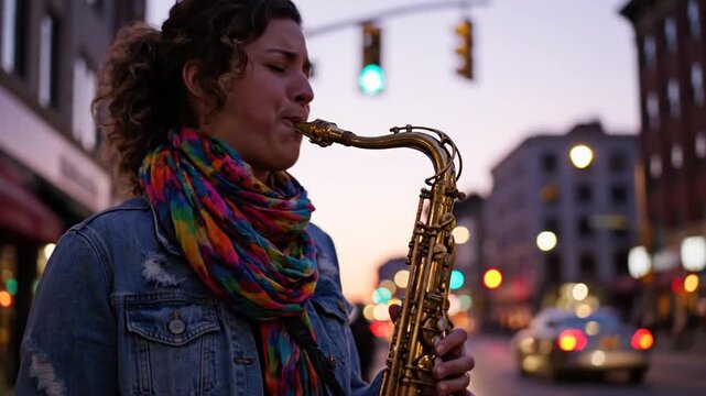 Urban street musician playing saxophone during sunset with city lights and lively atmosphere