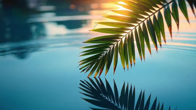 Tropical palm leaf reflecting in serene blue water at sunset