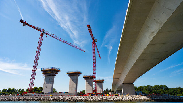 Bridge construction site with red cranes and unfinished pillars