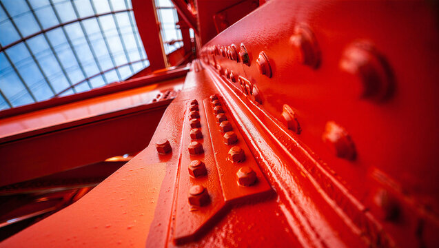 Abstract close-up of red painted steel beams and bolts in a structure