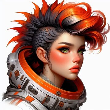 Edgy female astronaut with scaly undercut and orange mohawk