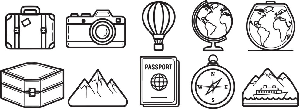 A collection of travel essentials including luggage and navigation tools Vector