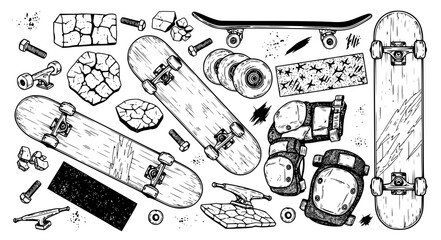 Underground Skateboarding Gear Collection with Distressed Ink Style and Urban Texture Elements Vector Illustration © Kulsum