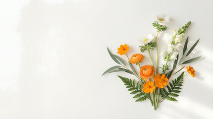 orange flowers and green leaves on white background