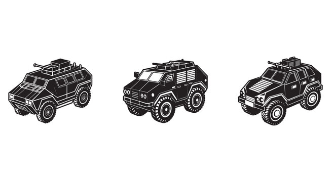 Armored vehicles with guns on top for military and security purposes  armored cars with machine guns and turrets  military transport vehicles
