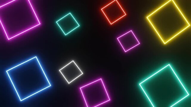 A vibrant display of glowing neon squares scattered across a dark background.