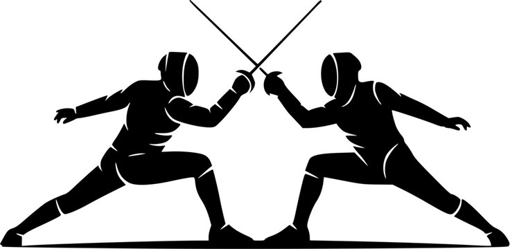 Fencing Duel Silhouette Illustration, Two Athletes Sword Fighting Sport Action in Minimal Black and White Style