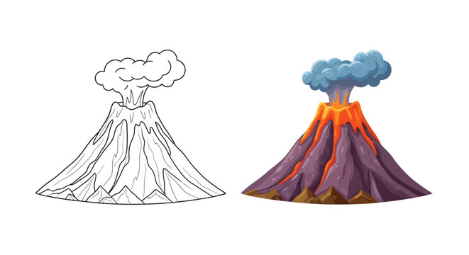 Volcano Eruption Illustration: Line Art and Full Color Comparison