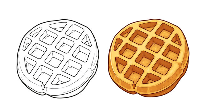 Waffle outline and colored illustration, isolated on white background