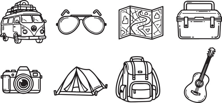 Various modes of transportation illustrated in black and white line drawings Vector