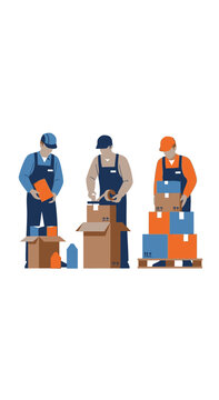 Warehouse workers packing and shipping boxes, logistics and delivery concept