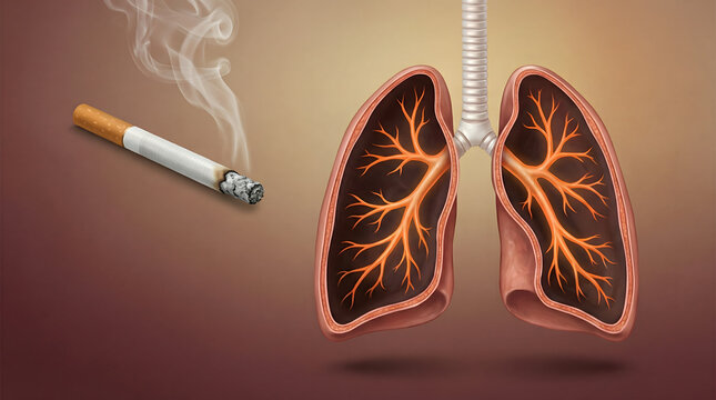 lungs with bronchial tree and cigarette smoke