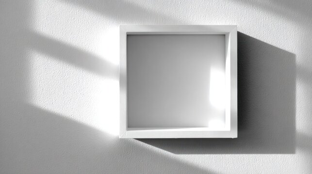 Square white frame mounted on a textured wall receives dramatic diagonal sunlight and shadow patterns