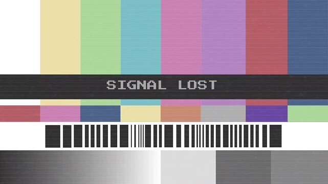 Classic color bar test pattern indicating a television signal lost broadcast transmission, with no reception or technical difficulties