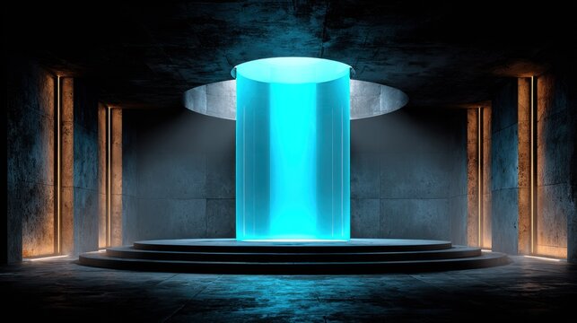 Glowing futuristic energy column illuminates a dark, industrial chamber with tiered staging
