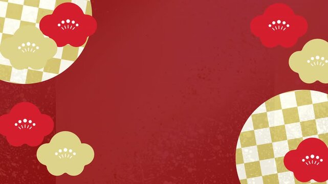 English: Landscape 4K abstract red background with plum blossoms, ichimatsu pattern and traditional texture.