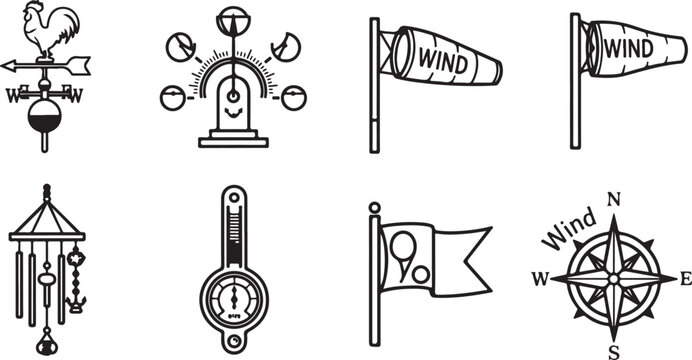 Various traditional wind measurement instruments and a compass rose Vector