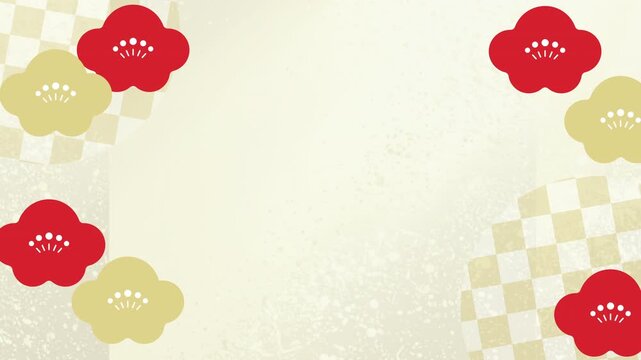 Landscape 4K abstract Japanese background with plum blossoms, ichimatsu pattern and washi texture.