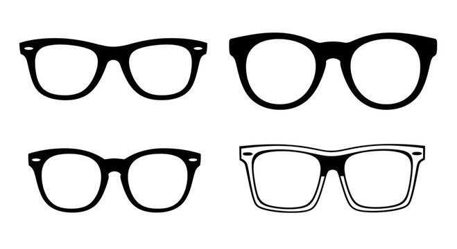 Four Pairs of Black Eyeglasses, Hipster Style, Isolated on White Background