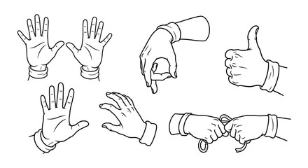 Fototapeta premium Set of diverse hand gestures and poses, line art illustration