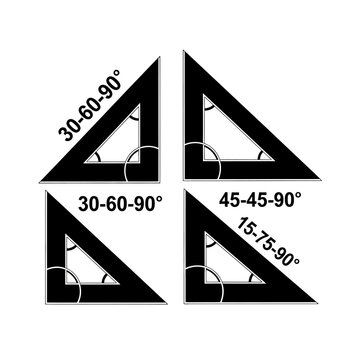 Set of four black drafting triangles with angle measurements
