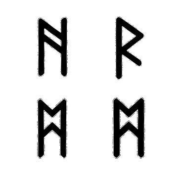Ancient Norse Runes: Algiz, R, Mannaz, Mannaz Symbols on White Background