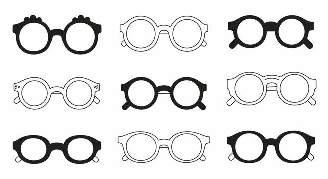 Collection of Diverse Eyeglasses Styles: Vintage, Modern, Round, Oval, Black and White Icons