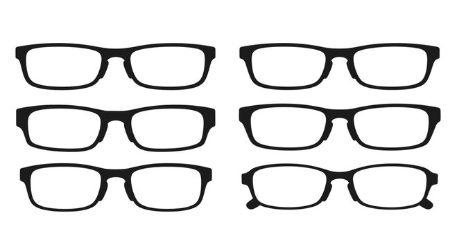 Collection of Six Black Eyeglasses Frames on White Background, Various Styles