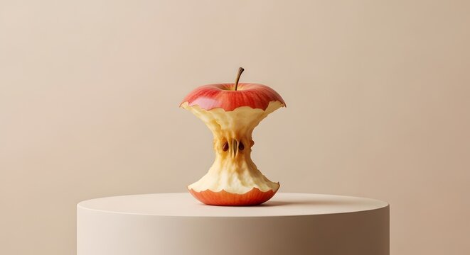 Sisa bagian tengah buah apel merah di atas podium bulat dengan latar belakang minimalis