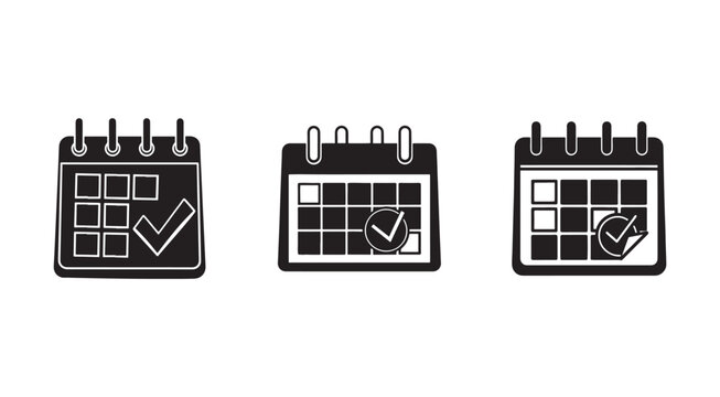 Calendar icons with checkmarks and ticks for planning and organization purposes on a computer or digital device screen  various calendar views and date selections