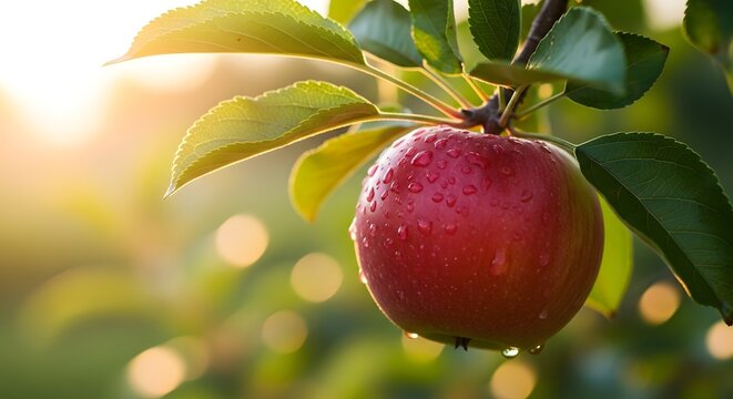 Buah apel merah segar dengan embun air menggantung di dahan pohon saat matahari terbenam