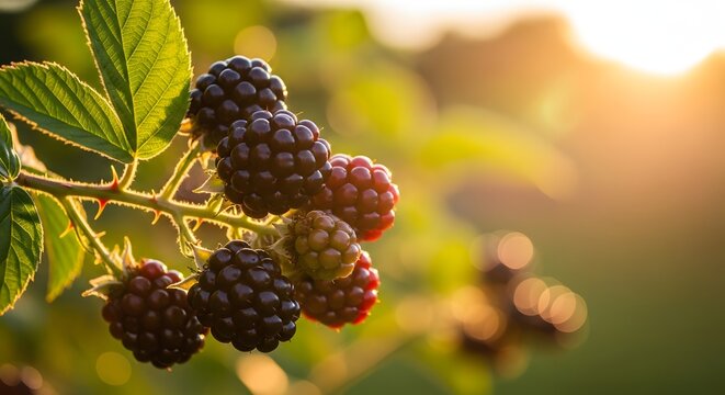 Buah blackberry matang dan mentah di dahan berduri dengan latar belakang cahaya matahari terbenam