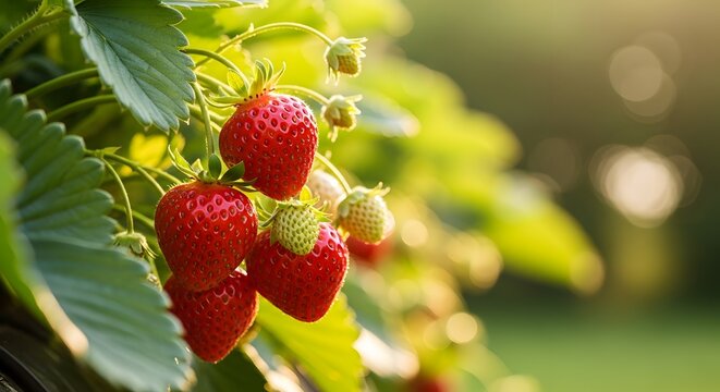 Buah stroberi merah segar tumbuh bergerombol di tanaman dengan daun hijau lebat di kebun