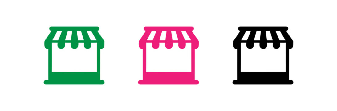 Collection of retail shop icons with striped awnings in three flat colors
