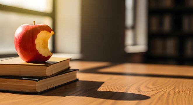 Buah apel merah yang digigit bertengger di atas tumpukan buku di meja kayu dengan cahaya matahari