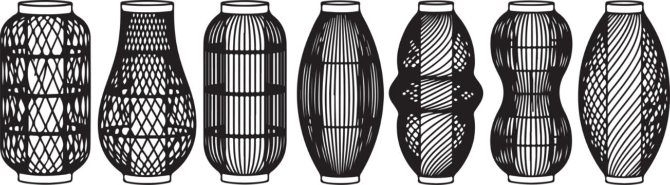 A collection of seven stylish woven handbags displayed in a row Vector