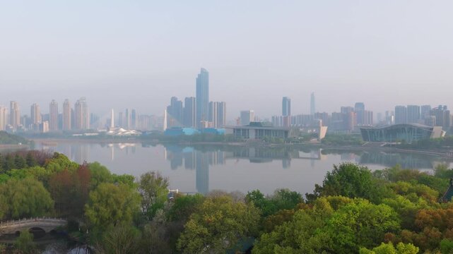 Spring Scenery of Yuehu Park and Guqin Terrace Scenic Area in Wuhan, Hubei, China