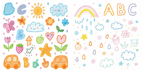 Fototapeta premium Colorful childlike drawing featuring letters clouds flowers and various objects