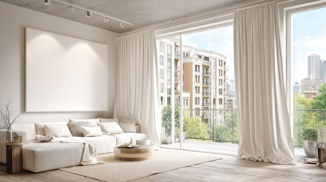 Contemporary living room space features large blank artwork area and city view balcony access