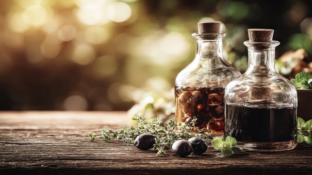 Two antique glass cruets filled with dark liquid and infused ingredients rest on a weathered wooden surface amidst fresh herbs.