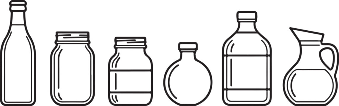 A collection of six different bottles and containers on a white background Vector