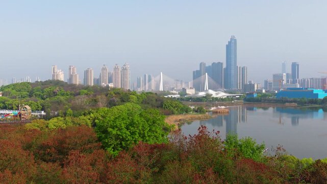 Spring Scenery of Yuehu Park and Guqin Terrace Scenic Area in Wuhan, Hubei, China