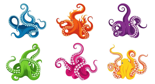 Set of Six Colorful Cartoon Octopuses with Wavy Tentacles on White Background