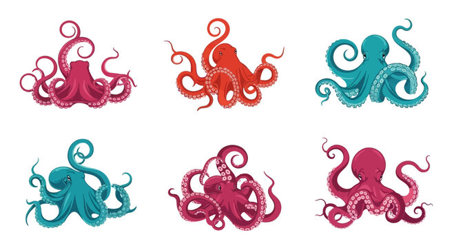 Set of Six Colorful Octopus Illustrations, Vibrant Marine Life Icons