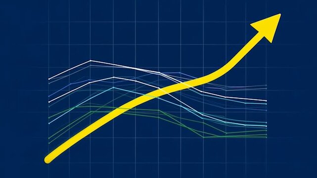 A bright yellow line graph shows a significant upward trend against a dark blue grid background, representing positive growth and progress