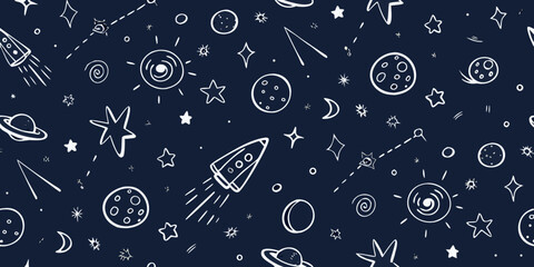 Doodle style space pattern with planets rockets and stars on navy © Dilip