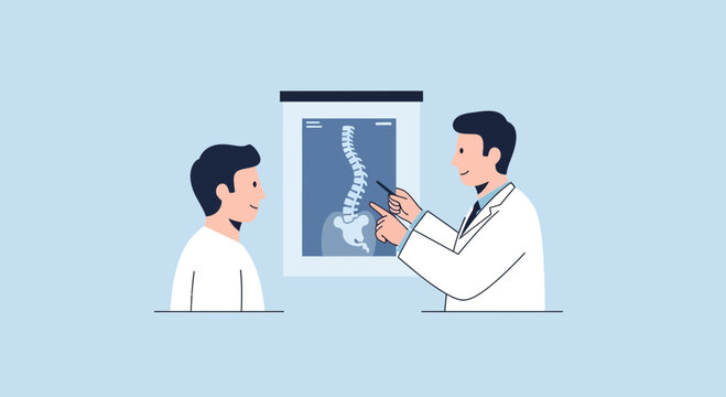 Doctor explains spine x-ray to patient, medical consultation, healthcare concept